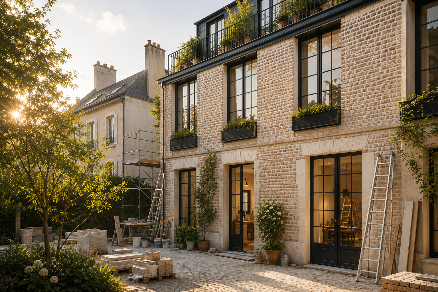 Chantier de rénovation d'une maison en pierre au coucher du soleil