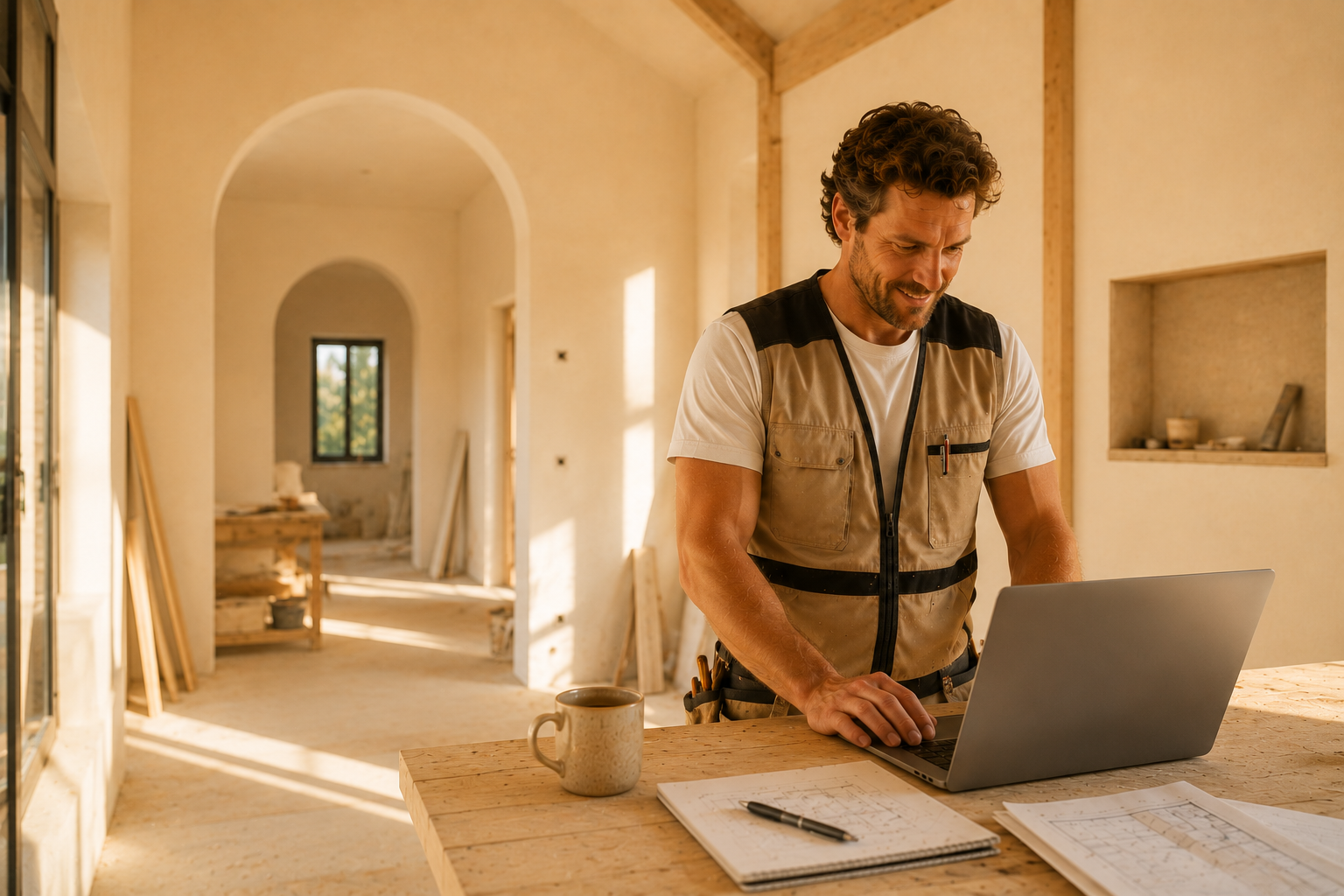 Artisan souriant utilisant Artilib sur un ordinateur portable sur un chantier lumineux