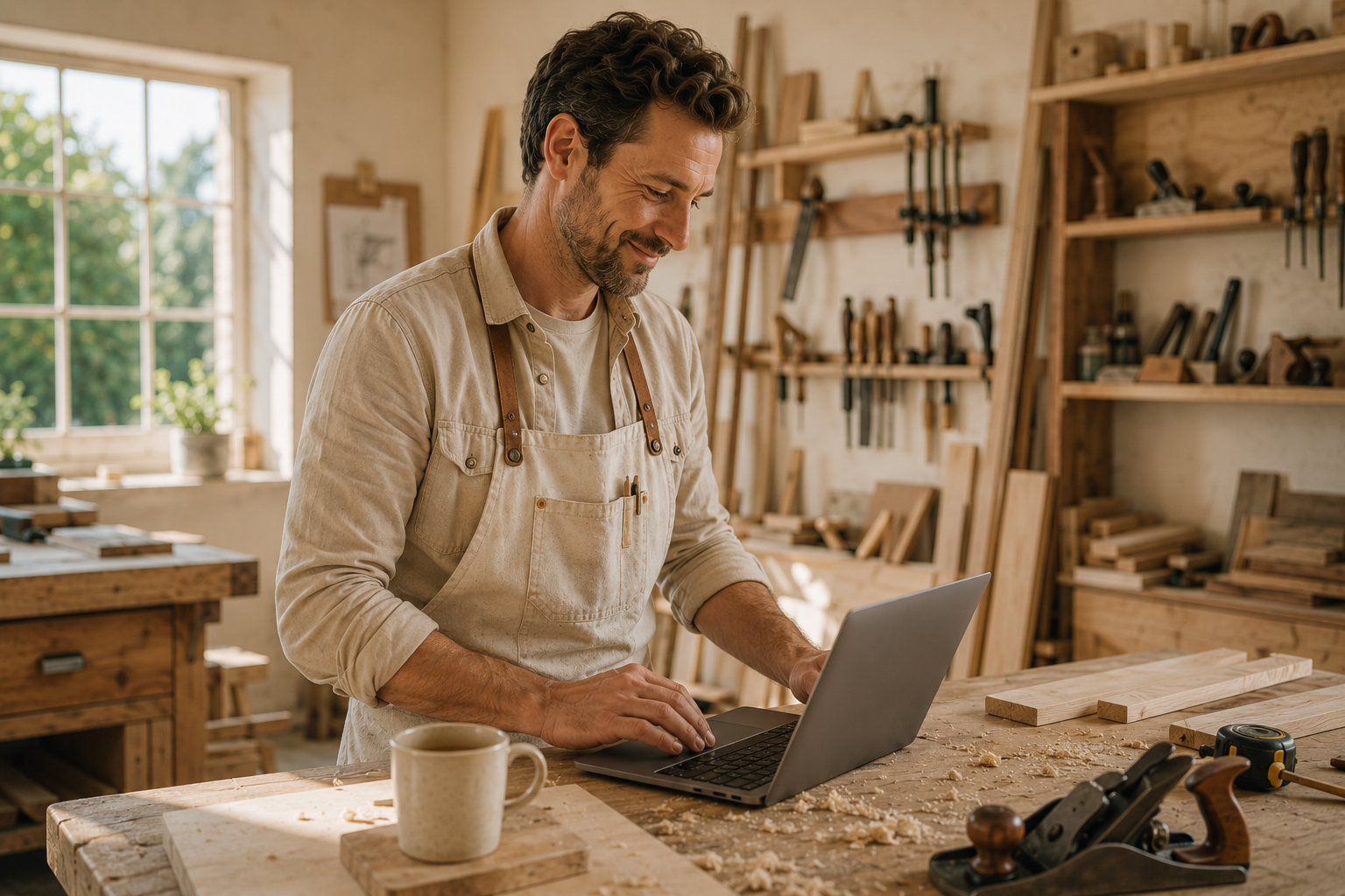 Artisan menuisier souriant utilisant son ordinateur portable dans son atelier
